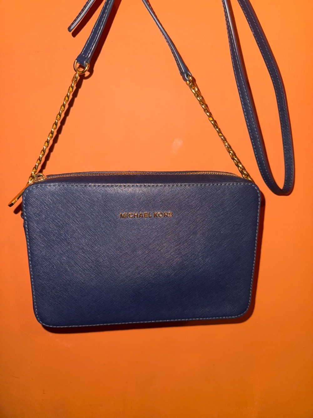 Michael Kors Blue Saffiano Leather Crossbody with Gold Chain